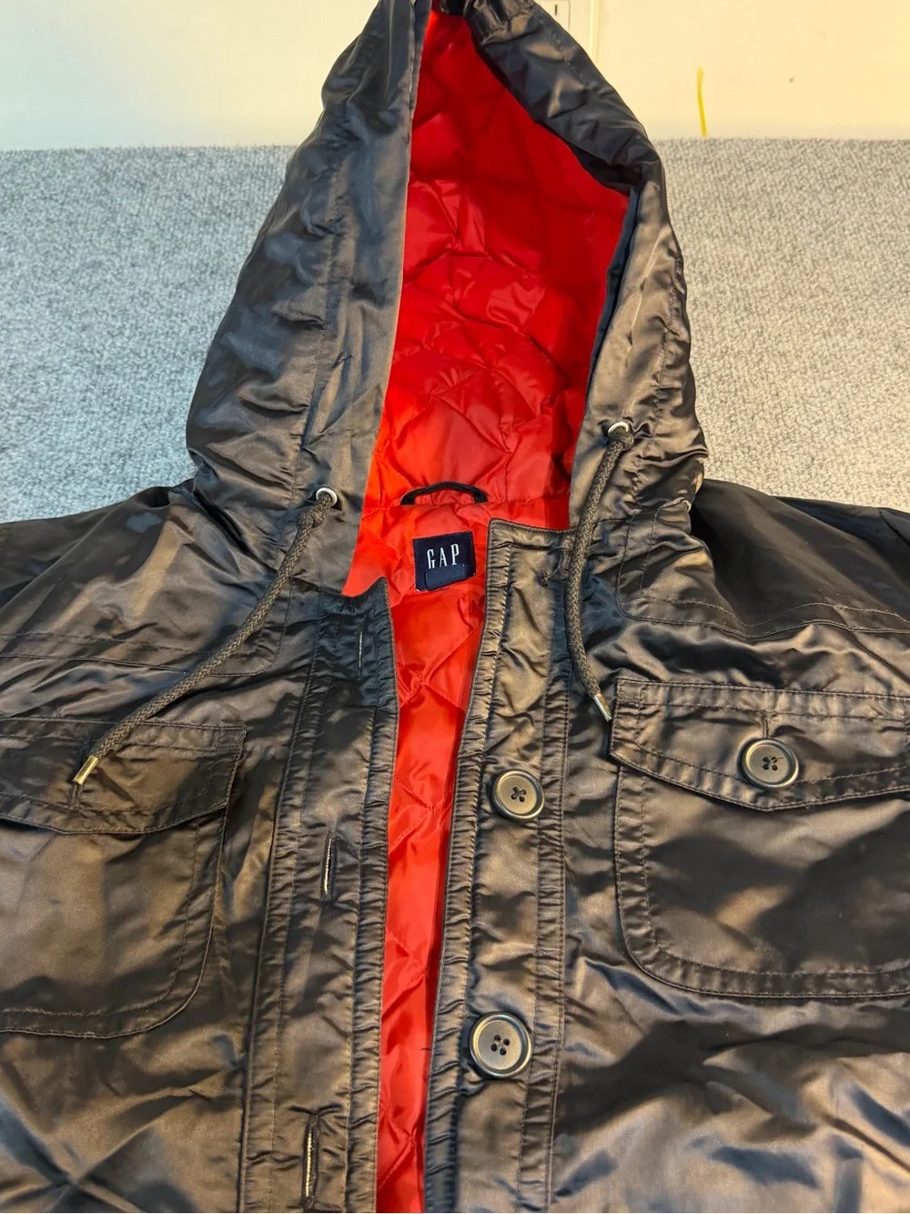 GAP Black Hooded Puffer Jacket with Red Lining